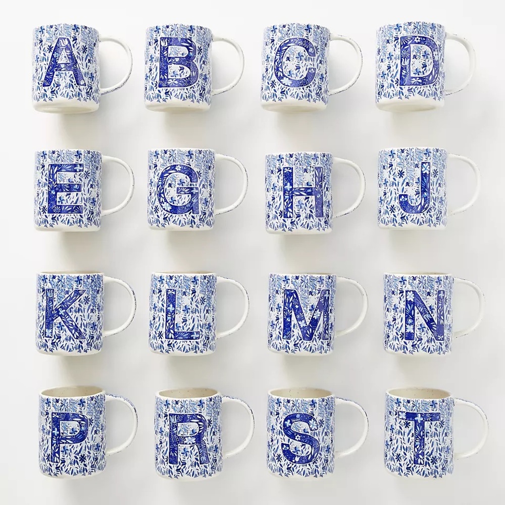 Anthropologie “O” Folksong Blue White Monogram Tea/ Coffee Mug, NEW